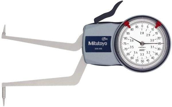 Mitutoyo - 2.8 to 3.6" Inside Dial Caliper Gage - 0.0005" Graduation, 0.0015" Accuracy, 3.3" Leg Length, 0.31" Deep x 0.06" Wide Groove, Ball Contact Points - Apex Tool & Supply