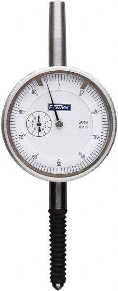 Fowler - 1" Range, 0-100 Dial Reading, 0.001" Graduation Dial Drop Indicator - 2-1/4" Dial, 0.1" Range per Revolution, 0.001" Accuracy, Revolution Counter - Apex Tool & Supply