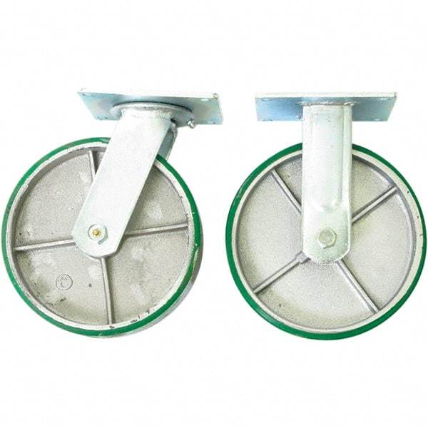 Wesco Industrial Products - 8" Diam x 2" Wide x 9-1/2" OAH Top Plate Mount Dual Swivel & Rigid Caster - Mold on Polyurethane, 4,000 Lb Capacity, Sealed Ball Bearing, 5 x 5-1/2" Plate - Apex Tool & Supply