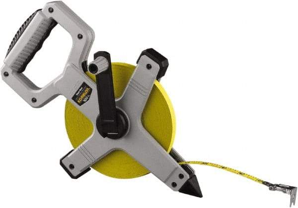 Komelon - 100' x 1/2" Yellow Steel Blade Tape Measure - 1/8" Graduation, Gray ABS Plastic Case - Apex Tool & Supply