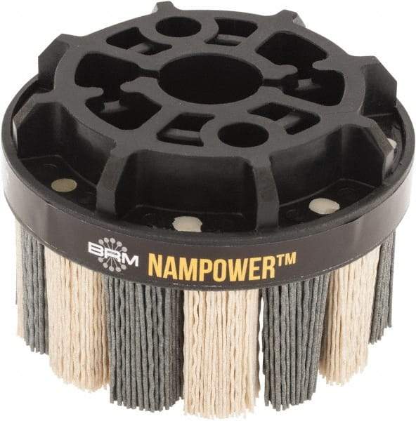 Brush Research Mfg. - 4" 180 Grit Ceramic/Silicon Carbide Tapered Disc Brush - Medium Fine Grade, CNC Adapter Connector, 1.38" Trim Length, 7/8" Arbor Hole - Apex Tool & Supply