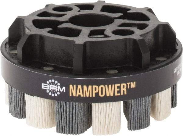 Brush Research Mfg. - 4" 180 Grit Ceramic/Silicon Carbide Tapered Disc Brush - Medium Fine Grade, CNC Adapter Connector, 0.71" Trim Length, 7/8" Arbor Hole - Apex Tool & Supply