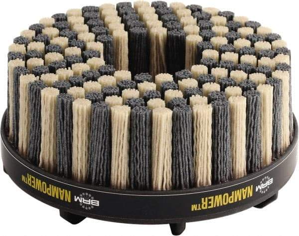 Brush Research Mfg. - 4" 180 Grit Ceramic/Silicon Carbide Tapered Disc Brush - Medium Fine Grade, CNC Adapter Connector, 0.71" Trim Length, 7/8" Arbor Hole - Apex Tool & Supply