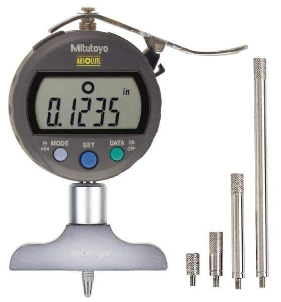 Mitutoyo - 0" to 8" Stainless Steel Electronic Depth Gage - 0.001" Accuracy, 0.01mm Resolution, 2-1/2" Base Length - Apex Tool & Supply