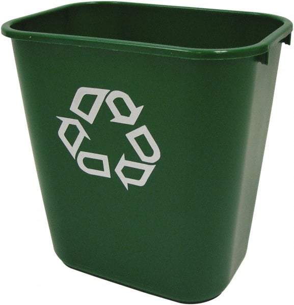 Rubbermaid - 28 Qt Green Rectangle Recycling Container - Plastic, Universal Recycling Symbol Graphic, 14.38" High x 10-1/4" Long x 15" Wide - Apex Tool & Supply
