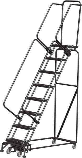Ballymore - 113" 8 Step Rolling Warehouse Ladder - Lock Step Rolling Safety Ladder, 450 Lb Capacity, 80" Platform Height, 24" Base Width x 61" Base Depth, Perforated Tread - Apex Tool & Supply