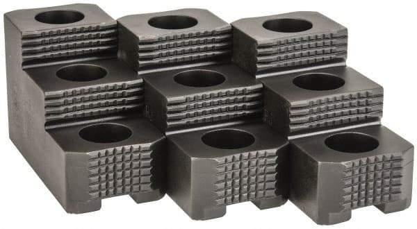 H & R Manufacturing - 15" Max Chuck Diam Compatibility, Case Hardened Steel 1.5mm x 60° Serrated Hard Lathe Top Jaws - 2 Steps, 0.866" Groove Width, 2-1/2" Wide x 5-1/2" Long x 3-15/32" High - Apex Tool & Supply