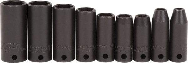 Proto - 9 Piece 3/8" Drive Black Finish Deep Well Impact Socket Set - 6 Points, 1/4" to 3/4" Range, Inch Measurement Standard - Apex Tool & Supply