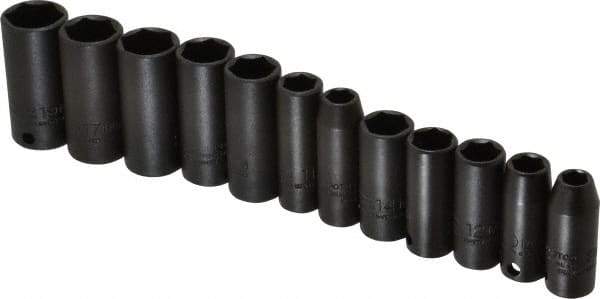 Proto - 12 Piece 3/8" Drive Black Finish Deep Well Impact Socket Set - 6 Points, 8mm to 19mm Range, Metric Measurement Standard - Apex Tool & Supply