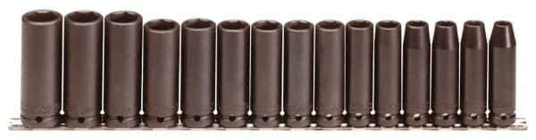 Proto - 15 Piece 1/2" Drive Black Finish Deep Well Impact Socket Set - 6 Points, 3/8" to 1-1/2" Range, Inch Measurement Standard - Apex Tool & Supply
