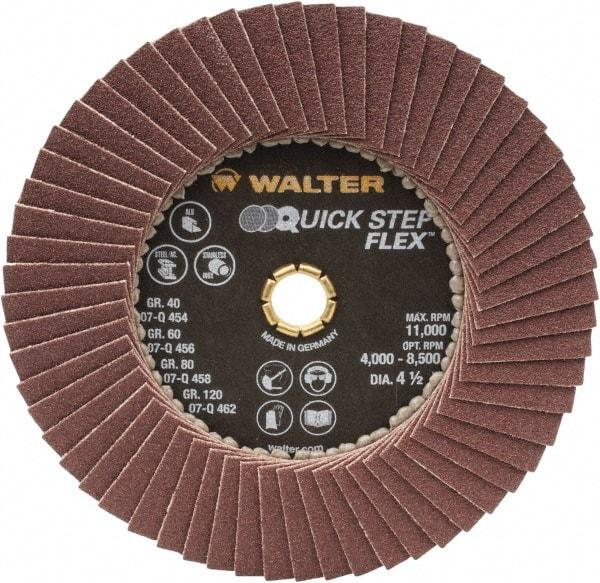 WALTER Surface Technologies - 120 Grit, 4-1/2" Disc Diam, Type 29 Aluminum Oxide Flap Disc - 11,000 Max RPM, Fiber Backing, Arbor Attaching System, Coated - Apex Tool & Supply