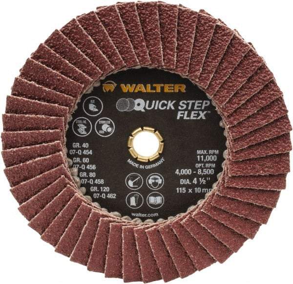 WALTER Surface Technologies - 40 Grit, 4-1/2" Disc Diam, Type 29 Aluminum Oxide Flap Disc - 11,000 Max RPM, Fiber Backing, Arbor Attaching System, Coated - Apex Tool & Supply
