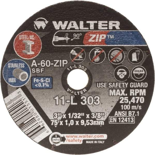 WALTER Surface Technologies - 3" Aluminum Oxide Cutoff Wheel - 1/16" Thick, 3/8" Arbor, 25,470 Max RPM, Use with Die Grinders - Apex Tool & Supply