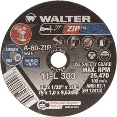 WALTER Surface Technologies - 3" Aluminum Oxide Cutoff Wheel - 1/16" Thick, 3/8" Arbor, 25,470 Max RPM, Use with Die Grinders - Apex Tool & Supply