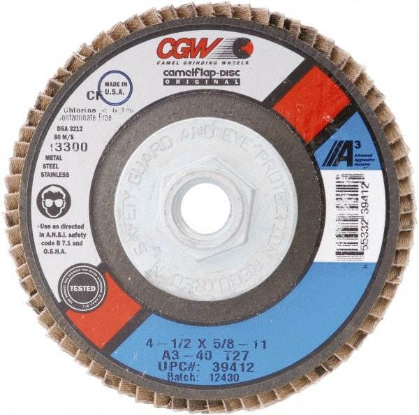 Camel Grinding Wheels - 80 Grit, 7" Disc Diam, 5/8-11 Center Hole, Type 27 Aluminum Oxide Flap Disc - 8,600 Max RPM, Polyester Backing, Arbor Attaching System, Coated - Apex Tool & Supply