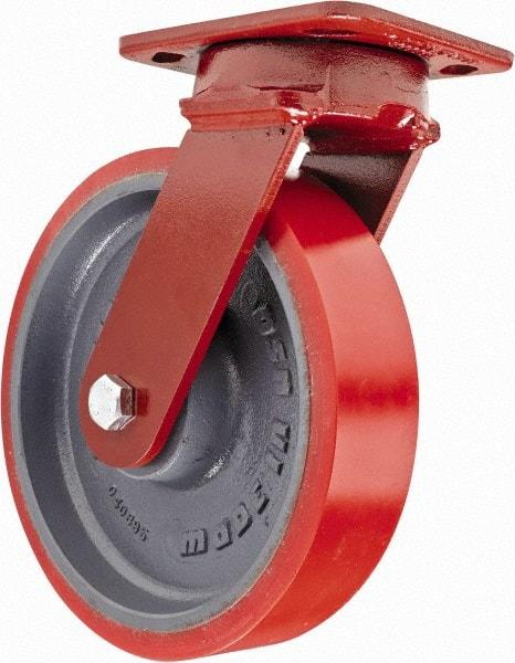 Hamilton - 8" Diam x 2" Wide x 9-1/2" OAH Top Plate Mount Swivel Caster - Polyurethane, 1,800 Lb Capacity, Sealed Precision Ball Bearing, 4 x 5" Plate - Apex Tool & Supply