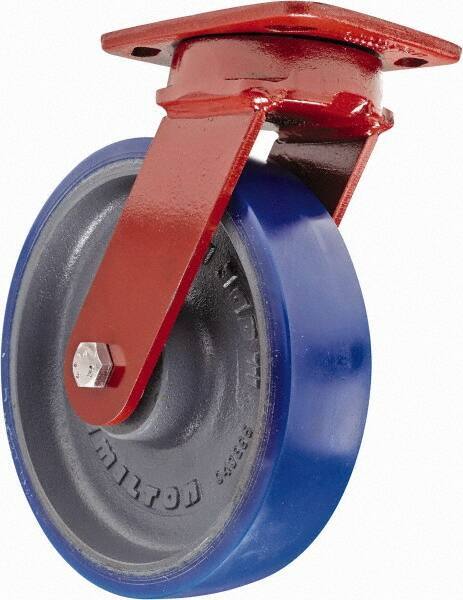 Hamilton - 8" Diam x 2" Wide x 9-1/2" OAH Top Plate Mount Swivel Caster with Brake - Polyurethane, 1,200 Lb Capacity, Sealed Precision Ball Bearing, 4 x 5" Plate - Apex Tool & Supply