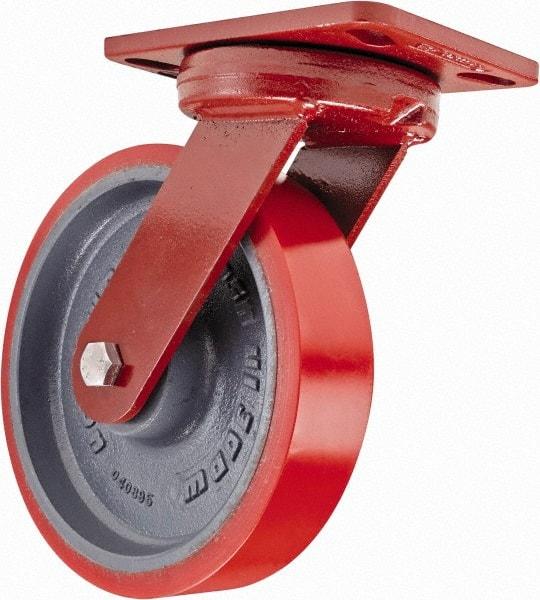 Hamilton - 8" Diam x 2" Wide x 9-3/4" OAH Top Plate Mount Swivel Caster - Polyurethane, 1,800 Lb Capacity, Sealed Precision Ball Bearing, 4-1/2 x 6-1/2" Plate - Apex Tool & Supply