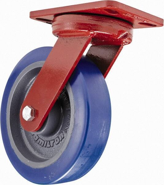 Hamilton - 8" Diam x 2" Wide x 9-3/4" OAH Top Plate Mount Swivel Caster - Polyurethane, 1,200 Lb Capacity, Sealed Precision Ball Bearing, 4-1/2 x 6-1/2" Plate - Apex Tool & Supply