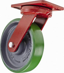 Hamilton - 8" Diam x 2" Wide x 9-3/4" OAH Top Plate Mount Swivel Caster - Polyurethane, 1,500 Lb Capacity, Sealed Precision Ball Bearing, 4-1/2 x 6-1/2" Plate - Apex Tool & Supply