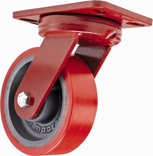 Hamilton - 6" Diam x 2" Wide x 7-3/4" OAH Top Plate Mount Swivel Caster with Brake - Polyurethane, 1,400 Lb Capacity, Sealed Precision Ball Bearing, 4-1/2 x 6-1/2" Plate - Apex Tool & Supply
