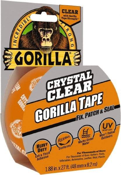 Gorilla Tape - 1-7/8" x 18 Yds Clear Duct Tape - 7 mil, Acrylic Adhesive, Ethylene Copolymer Backing, -4°F to 140°F - Apex Tool & Supply