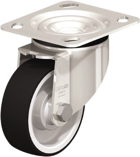 Swivel Top Plate Caster: Rubber, 4″ Wheel Dia, 1-1/2″ Wheel Width, 330 lb Capacity, 5-1/8″ OAH Rubber, 330 Lb Capacity, Ball Bearing, 4 x 4-1/2″ Plate