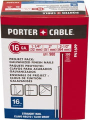 Porter-Cable - 16 Gauge 2-1/2" Long Finishing Nails for Power Nailers - Steel, Galvanized Finish, Smooth Shank, Straight Stick Collation, Chisel Point - Apex Tool & Supply