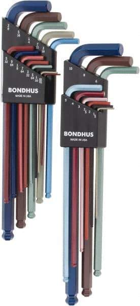 Bondhus - 22 Piece L-Key Ball End Hex Key Set - Hex Range 0.05 to 3/8", 8.4" OAL - Apex Tool & Supply
