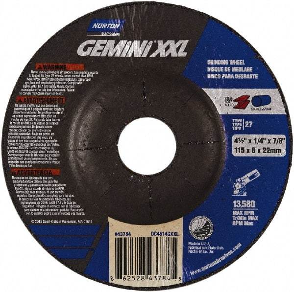 Norton - 24 Grit, 4-1/2" Wheel Diam, 1/4" Wheel Thickness, Type 27 Depressed Center Wheel - Aluminum Oxide, 12,225 Max RPM - Apex Tool & Supply