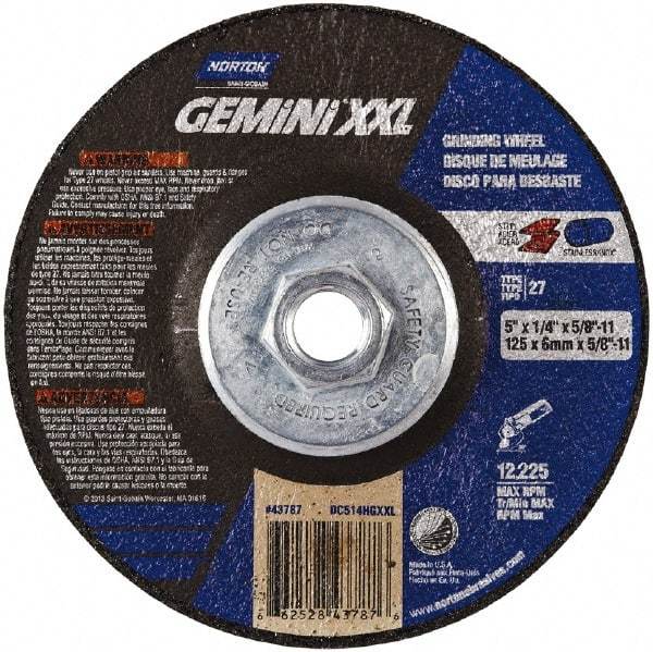 Norton - 24 Grit, 5" Wheel Diam, 1/4" Wheel Thickness, Type 27 Depressed Center Wheel - Aluminum Oxide, 8,600 Max RPM - Apex Tool & Supply