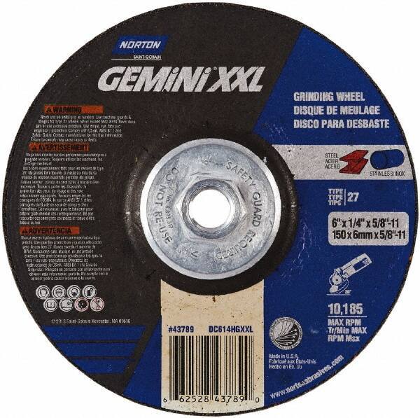 Norton - 24 Grit, 6" Wheel Diam, 1/4" Wheel Thickness, Type 27 Depressed Center Wheel - Aluminum Oxide, 13,580 Max RPM - Apex Tool & Supply
