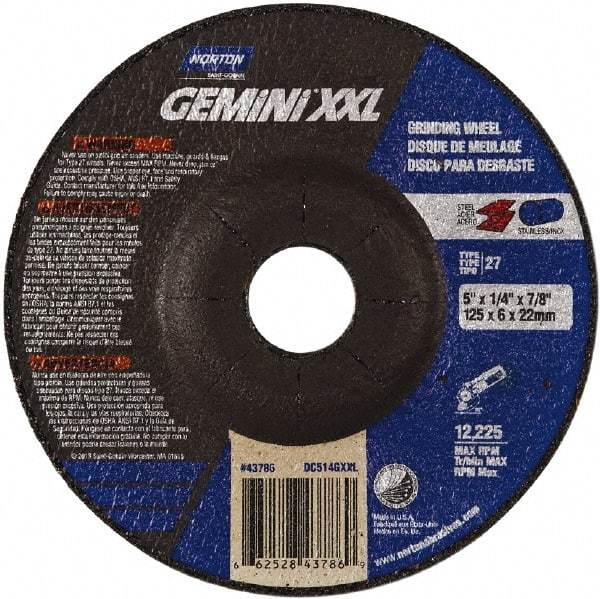 Norton - 24 Grit, 5" Wheel Diam, 1/4" Wheel Thickness, 7/8" Arbor Hole, Type 27 Depressed Center Wheel - Aluminum Oxide, 10,185 Max RPM - Apex Tool & Supply