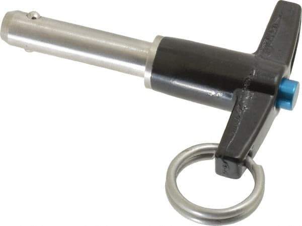 Jergens - 5/16" Diam, 1" Usable Length, T Handle, Push Button Quick Release Pin - 2-5/8" Overall Length, Grade 17-4 Stainless Steel, Passivated Finish - Apex Tool & Supply