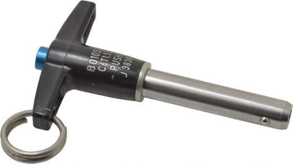 Jergens - 3/8" Diam, 1-1/2" Usable Length, T Handle, Push Button Quick Release Pin - 3-3/8" Overall Length, Grade 17-4 Stainless Steel, Passivated Finish - Apex Tool & Supply