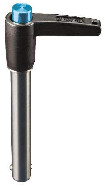 Jergens - 5/8" Diam, 3" Usable Length, L Handle, Push Button Quick Release Pin - 5-1/2" Overall Length, Grade 17-4 Stainless Steel, Passivated Finish - Apex Tool & Supply