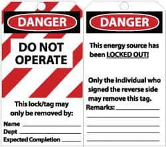 NMC - 3" High x 6" Long, DANGER - DO NOT OPERATE - THIS LOCK/TAG MAY ONLY BE REMOVED BY:, English Safety & Facility Lockout Tag - Tag Header: Danger, 2 Sides, Black, Red & White Unrippable Vinyl - Apex Tool & Supply