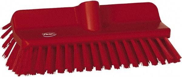 Vikan - 1-1/2" Bristle Length, Polyester Cleaning & Finishing Brush - 9-5/8" Long x 5" Wide Head, 10" OAL, European Threaded Handle, Red, Polypropylene Block - Apex Tool & Supply