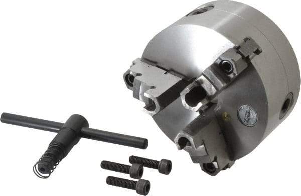 Gibraltar - 3 Jaws, 5" Diam, Self Centering Manual Lathe Chuck - Plain Back Mount Spindle, Reversible, 1.26" Through Hole Diam, 0.0014" Axial Runout, 0.0012" Radial Runout, Cast Iron - Apex Tool & Supply