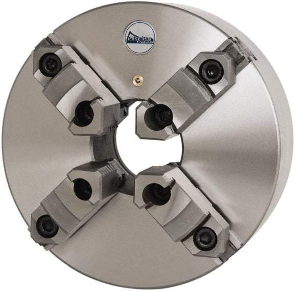 Gibraltar - 4 Jaws, 10" Diam, Self Centering Manual Lathe Chuck - Plain Back Mount Spindle, 3.1496" Through Hole Diam, 0.0016" Axial Runout, 0.0016" Radial Runout, Cast Iron - Apex Tool & Supply