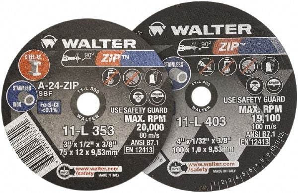WALTER Surface Technologies - 4" 24 Grit Aluminum Oxide Cutoff Wheel - 1/4" Thick, 3/8" Arbor, 19,100 Max RPM, Use with Die Grinders - Apex Tool & Supply
