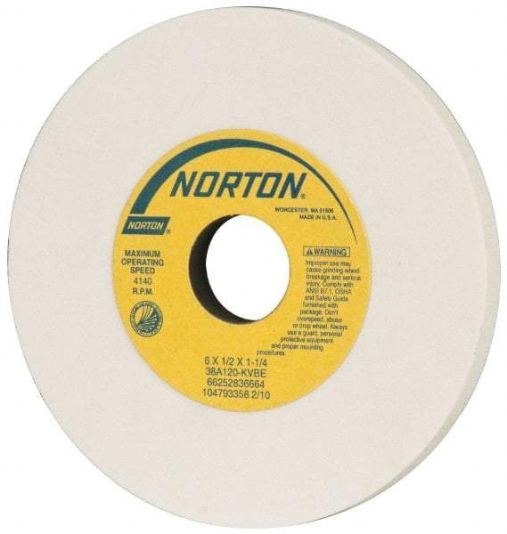 Norton - 6" Diam x 1-1/4" Hole x 1/2" Thick, K Hardness, 120 Grit Surface Grinding Wheel - Aluminum Oxide, Type 1, Fine Grade, 4,140 Max RPM, Vitrified Bond, No Recess - Apex Tool & Supply