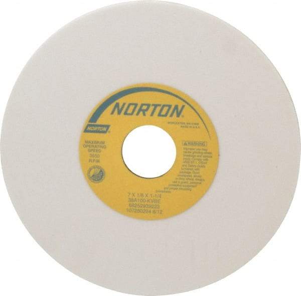 Norton - 7" Diam x 1-1/4" Hole x 1/8" Thick, K Hardness, 100 Grit Surface Grinding Wheel - Aluminum Oxide, Type 1, Fine Grade, 3,550 Max RPM, Vitrified Bond, No Recess - Apex Tool & Supply