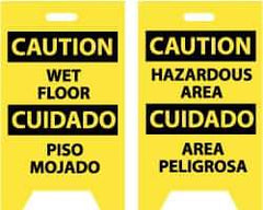 NMC - Caution - Wet Floor, Caution - Hazardous Area, 12" Wide x 20" High, Plastic Floor Sign - English/Spanish, A-Frame, Black on Yellow, For Restroom, Janitorial & Housekeeping - Apex Tool & Supply