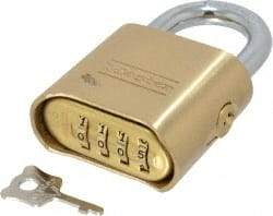Master Lock - 2" Body Width, 7/8" Shackle Clearance, Solid Brass Combination Lock - 5/16" Shackle Diam, 1" Shackle Width, Control Key Sold Separately - Apex Tool & Supply