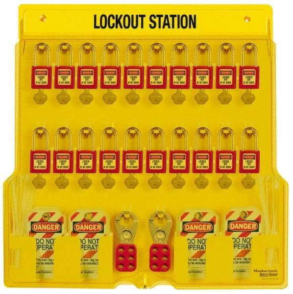 Master Lock - 28 Piece, Equipped Polycarbonate Padlock Station - 22 Inch Wide x 22 Inch High x 1-3/4 Inch Deep, Black on Yellow, Covered - Apex Tool & Supply