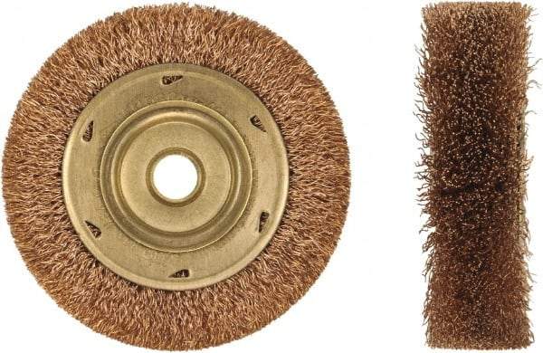 Ampco - 6" OD, 1/2" Arbor Hole, Crimped Phosphorus Bronze Alloy Wheel Brush - 1" Face Width, 1-3/16" Trim Length, 0.014" Filament Diam, 6,000 RPM - Apex Tool & Supply
