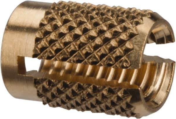 E-Z LOK - #10-24 UNC Brass Flush Press Fit Threaded Insert for Plastic - 0.357" OAL, 0.262" Insert Diam, 1/4" Hole Diam, 1/4" Drill - Apex Tool & Supply