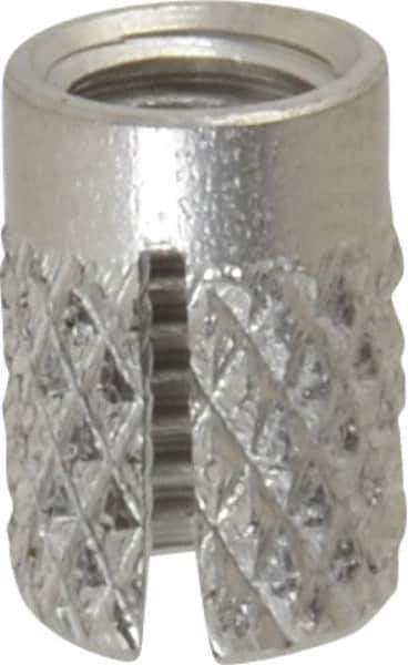 E-Z LOK - #10-32 UNF Grade 303 Stainless Steel Flush Press Fit Threaded Insert for Plastic - 0.357" OAL, 0.262" Insert Diam, 1/4" Hole Diam, 1/4" Drill - Apex Tool & Supply