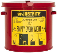 Justrite - 2 Gallon Capacity, Galvanized Steel Oily Waste Can - 9-5/8 Inch Wide/Diameter x 9-1/8 Inch High, Red, Hand Operated, Approved FM - Apex Tool & Supply